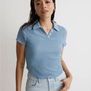 Madewell Crinkle Blue Polo Collar Women's Top